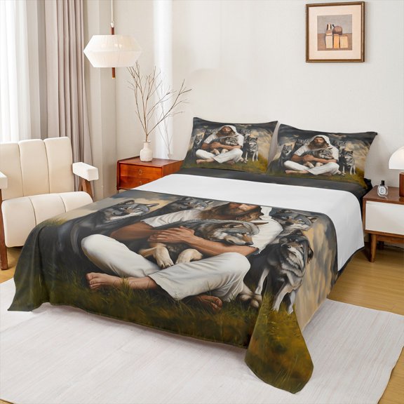 Homewish Safari Wolf 3pcs Twin Sheet Sets For Adults Boys Girls,Jungle Animal Twin Fitted Sheet,Woodland Wildlife Breathable Flat Sheet,Breathable Home Decor