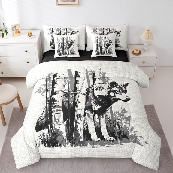 Homewish Safari Wolf 7-Piece Bedding Comforter Set for Teens Boys Girls,Jungle Animal King Bedding Sets,Woodland Wildlife Ultra Soft Bed Sheets,Microfiber Bedroom Decor,Reversible
