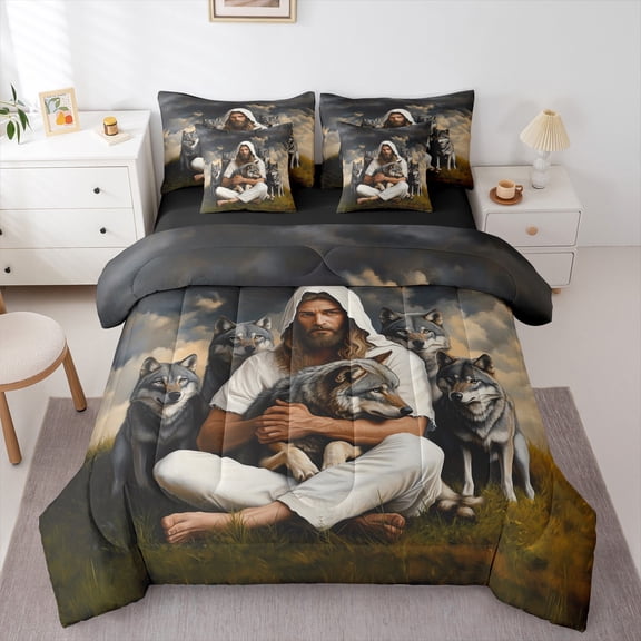 Homewish Safari Wolf 7-Piece Twin Bedding Sets For Adults Boys Girls,Jungle Animal Bedding Comforter Set,Woodland Wildlife Breathable Sheet Sets,Breathable Home Decor,Reversible