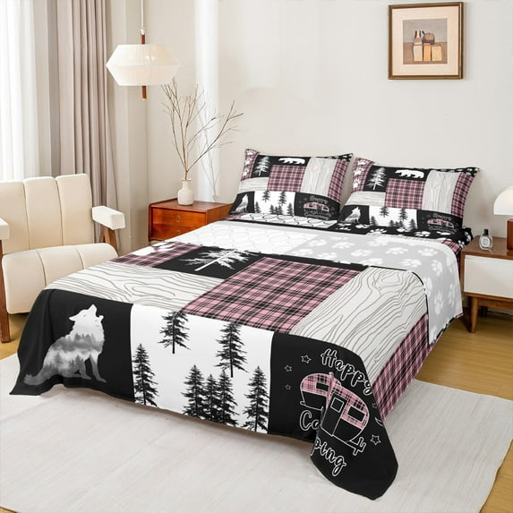 Homewish Safari Wolf Silhouette Twin Sheet Sets,Rustic Plant Pine Tree Twin Fitted Sheet,Pink Gray Black Flat Sheet For Girl Boys,Luxury Bedroom Decor,3pcs