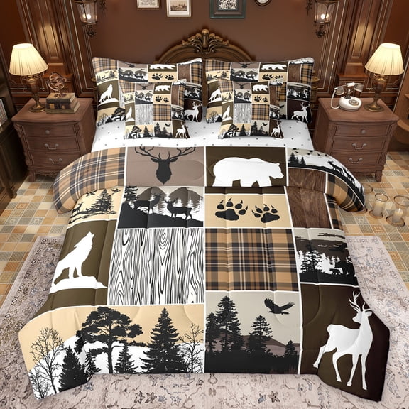 Homewish Safari Wolves Deer 7 Pieces Bedding Comforter Set,Jungle Bear Paws Full Bedding Set,Brown Gray Plaid Fitted Sheet Flat Sheet For Teens,Ultra Soft Home Decor