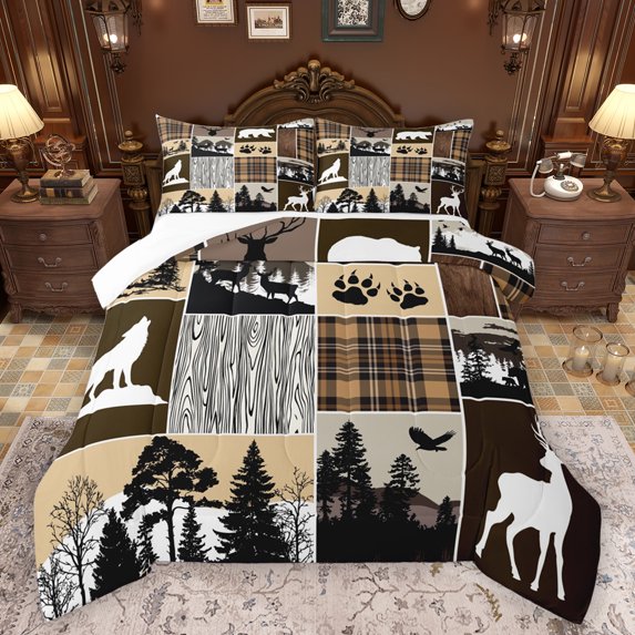 Homewish Safari Wolves Deer Queen Comforter Set,Jungle Bear Paws Bedding Sets,Brown Gray Plaid Bedding Comforter Set For Teens,Ultra Soft Home Decor,3-Piece