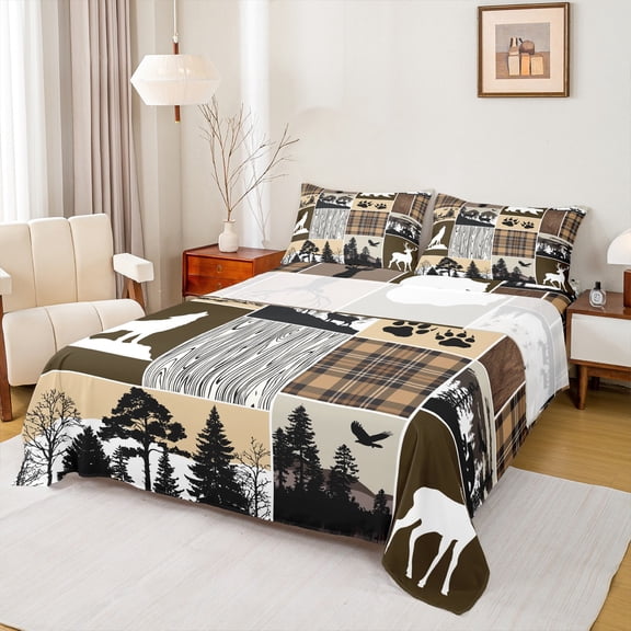 Homewish Safari Wolves Deer Queen Sheet Sets,Jungle Bear Paws Flat Sheet,Brown Gray Plaid Queen Fitted Sheet For Teens,Ultra Soft Home Decor,4-Piece