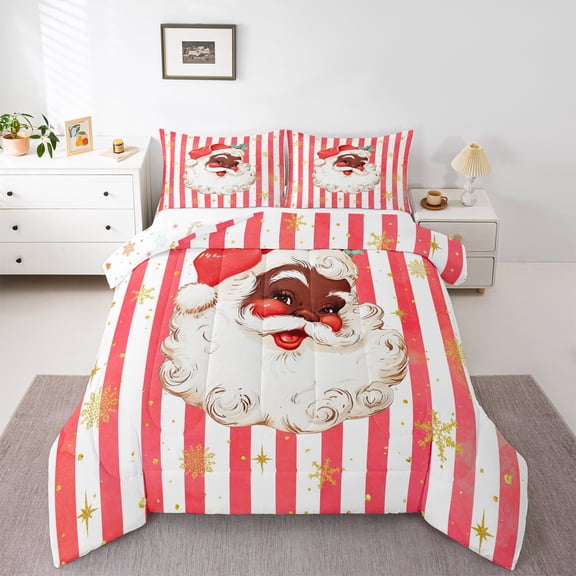Homewish Santa Claus 2pcs Bedding Comforter Set for Teens Boys Girls,Geometric Stripes Twin Comforter Sets,Xmas Snowflake Breathable Bedding Set,Lightweight Room Decor,Reversible