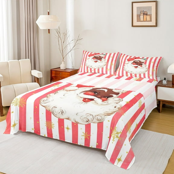Homewish Santa Claus 3pcs Twin Sheet Sets for Teens Boys Girls,Geometric Stripes Twin Fitted Sheet,Xmas Snowflake Breathable Flat Sheet,Lightweight Room Decor