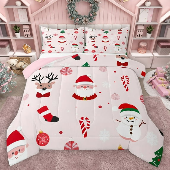 Homewish Santa Claus Deer Snowman Full Size Comforter Sets 3-Piece for Teens Boys Girls,Happy New Year Bedding Comforter Set,Merry Christmas Xmas Lightweight Bedding Sets,Breathable Home Decor