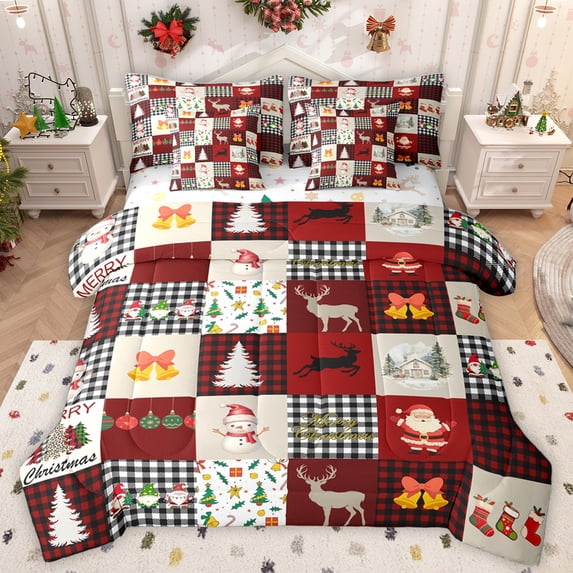 Homewish Santa Claus Snomman 7 Pieces Bedding Comforter Set,Kawaii Christmas Reindeer Full Bedding Set,Modern Geometric Plaid Fitted Sheet Flat Sheet For Girls Kids,Luxury Bedroom Decor Reversible