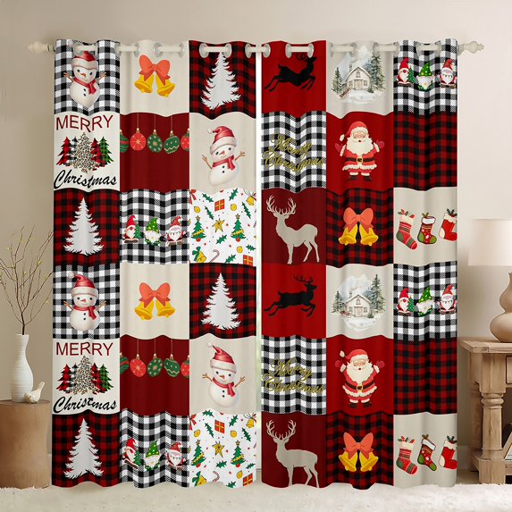 Homewish Santa Claus Snomman Curtains Pack of 2 (42x84 Each),Kawaii Christmas Reindeer Curtains Blackout,Modern Geometric Plaid Bedroom Curtains For Girls Kids,Luxury Bedroom Decor