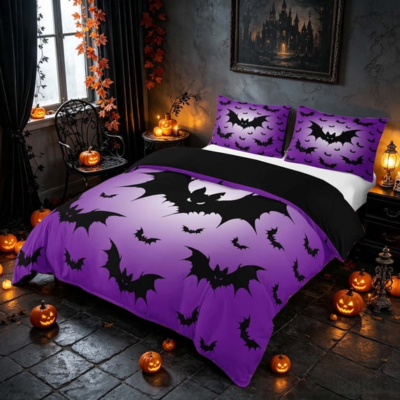 Homewish Scary Bat Silhouette Bedding, Halloween Horror Duvet Cover Full, Purple Black, Black Reversible 3-Piece, 1 Duvet Cover and 2 Pillowcases