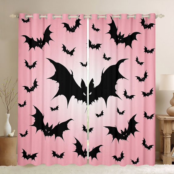 Homewish Scary Bat Silhouette Kitchen Curtains, Halloween Horror Black Out Curtains Pack of 2 (42x63 Each), Light Pink Black
