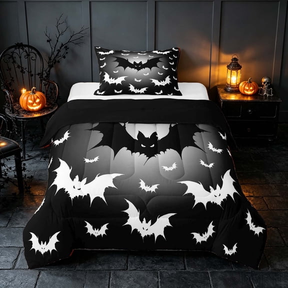 Homewish Scary Bat Silhouette Twin Comforter Sets, Halloween Horror Bedding Set, Gray Black White, Black Reversible, 2pcs 1 Comforter and 1 Pillowcase
