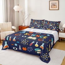 Homewish Science Chemistry Twin Sheet Sets,Colorful Cartoon Pattern Twin Fitted Sheet,Deepblue Blue Orange Flat Sheet For Boys Kids,Microfiber Bedroom Decor,3 Pieces