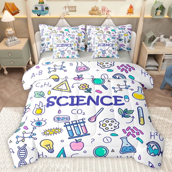 Homewish Science Theme 7pcs Bedding Comforter Set,Fun Chemistry Queen Bedding Sets,Colorful Flower Queen Sheet Sets For Girl Boy,Breathable Home Decor Reversible