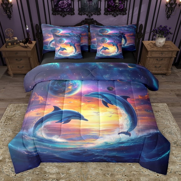 Homewish Sea Animal Whale 7-Piece Bedding Comforter Set,Ocean Theme King Bedding Sets,Galaxy Starry Night Bed SheetsFor Girls Teens,Breathable Home Decor Reversible