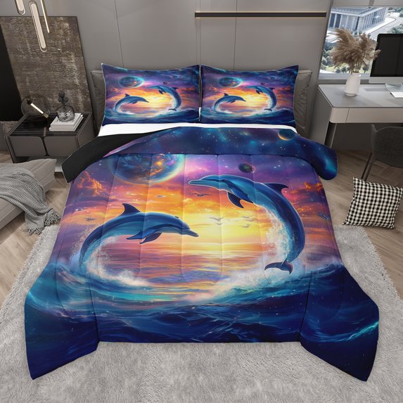 Homewish Sea Animal Whale Full Size Comforter Sets,Ocean Theme Bedding Comforter Set,Galaxy Starry Night Bedding SetsFor Girls Teens,Breathable Home Decor Reversible,3-Piece