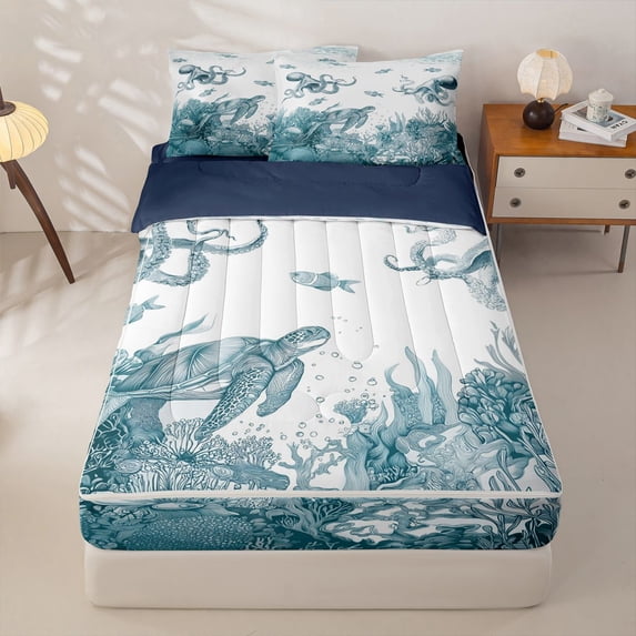 Homewish Sea Octopus Turtle Zipper Full Size Comforter Sets with Fitted Sheet and 2 Pillowcases,Summer Nautical Sealife Ocean Coral Zipper Bedding Set For Boys,Reversible,4-Piece