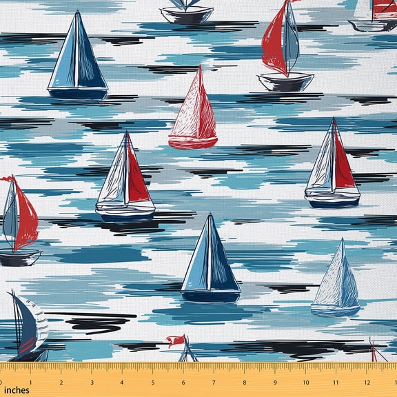 Homewish Sea Sailboat Fabric by the Yard 1 Yard,Ocean Theme Home Decor Fabric by the Yard,Red Blue Sewing Fabric For Boys Kids,Luxury Bedroom Decor