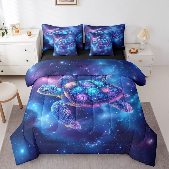 Homewish Sea Turtle 7-Piece Twin Bedding,Psychedelic Galaxy Stars Bedding Comforter Set,Black Reversible