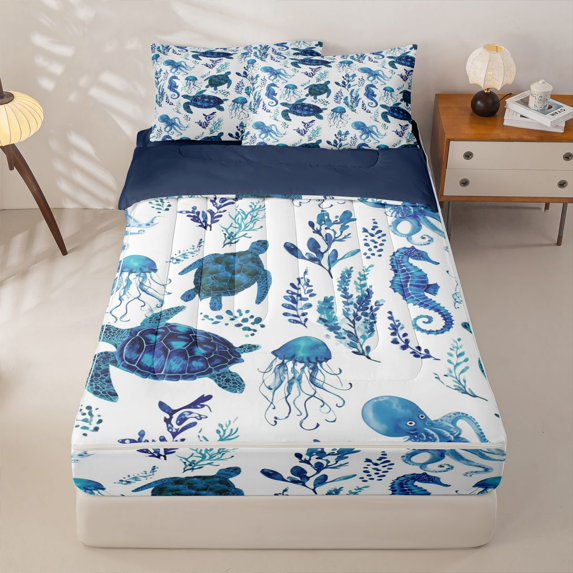 Homewish Sea Turtle Zipper Full Size Comforter Sets with Fitted Sheet and 2 Pillowcases for Kids, Blue Cute Octopus Zipper Bedding Set, Navy Reversible, 4pcs