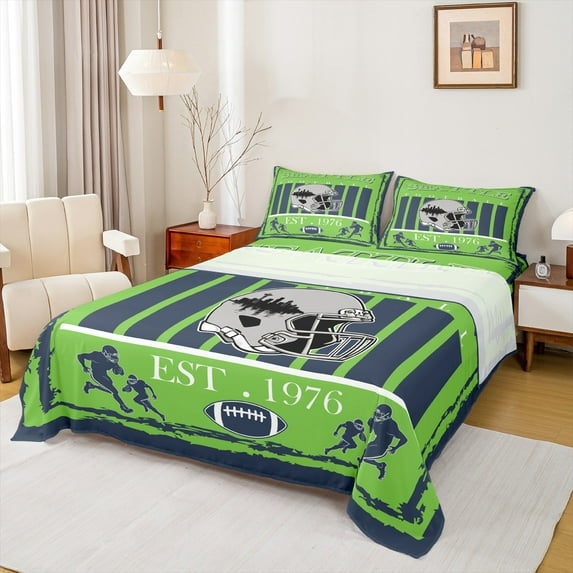 Homewish Seattle City Silhouette Full Size Sheets,Rugby Sport Theme Bed Sheets,Deepblue Green Sheet Sets For Boys Kids,Microfiber Bedroom Decor,4-Piece