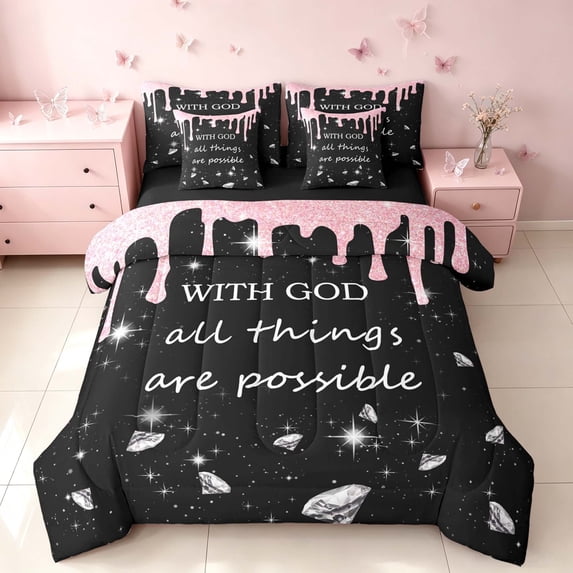 Homewish Sequins Diamonds King Bedding for Girls, With God All Things Are Possible Print King Bed in a Bag, Pink Black, Black Reversible, 7 Pieces