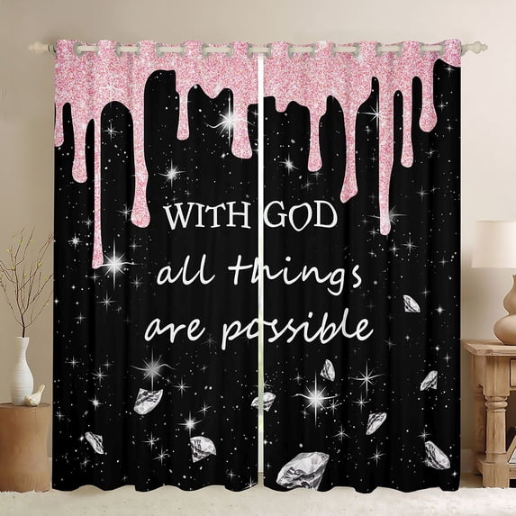 Homewish Sequins Diamonds Kitchen Curtains for Girls, With God All Things Are Possible Print Black Out Curtains Pack of 2 (42x63 Each), Pink Black