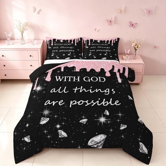 Homewish Sequins Diamonds Queen Comforter Set for Girls, With God All Things Are Possible Print Comforter Sets Queen, Pink Black, Black Reversible, 3pcs 1 Comforter and 2 Pillowcases