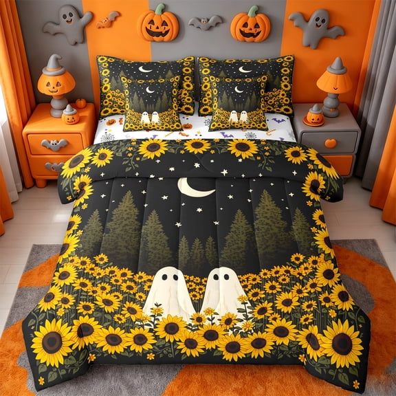 Homewish Serene Halloween Ghost 7-Piece Twin Bedding,Sunflower Forest Moon Pattern Bedding Comforter Set,Black Yellow White,Halloween Reversible