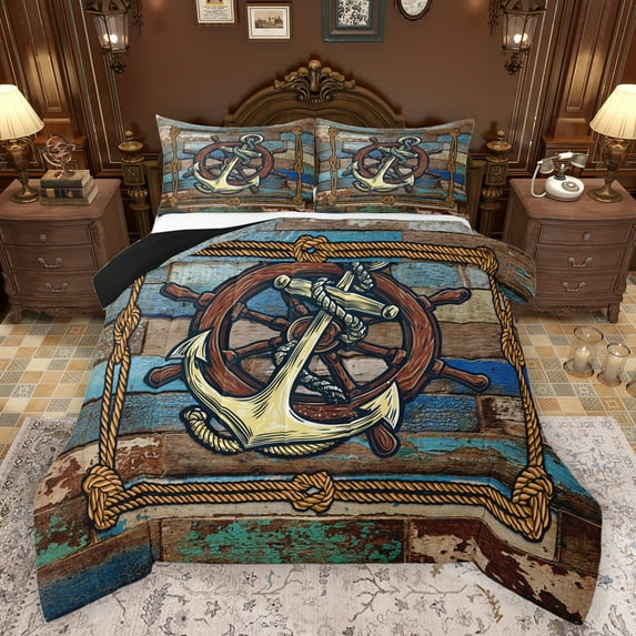 Homewish Ship Anchor Rudder Queen Comforter Set,Ocean Adventure Bedding Sets,Rustic Farmhouse Cabin Bedding Comforter Set For Men Women,Ultra Soft Home Decor Reversible,3pcs