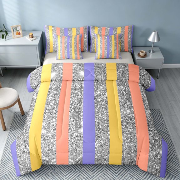 Homewish Silver Sequins Print Full Size Bedding Sets for Girls, Purple Orange Stripe Full Size Bed in a Bag, Gray Reversible, 7pcs