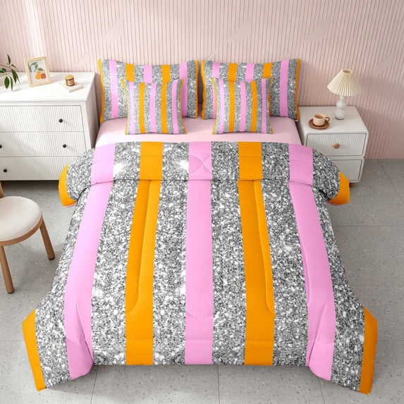 Homewish Silver Sequins Print King Bedding for Girls, Orange Pink Stripe King Bed in a Bag, Pink Reversible, 7-Piece