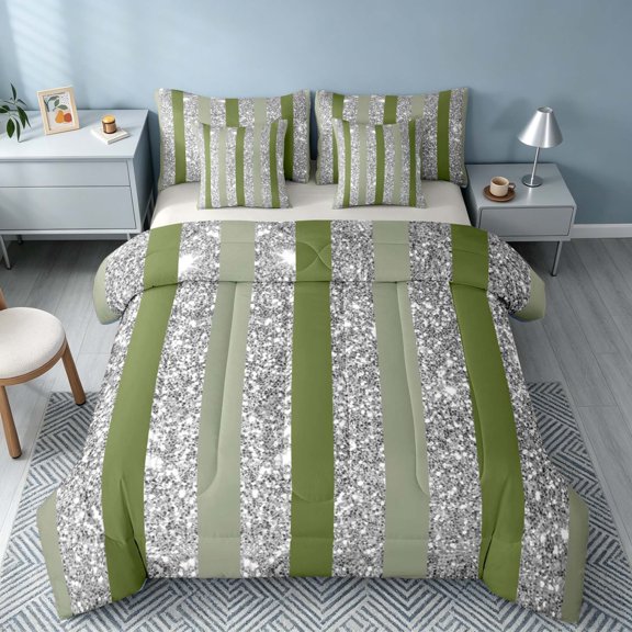 Homewish Silver Sequins Print Twin Bedding for Girls, Green Stripe Bedding Comforter Set, Gray Reversible, 7 Pieces
