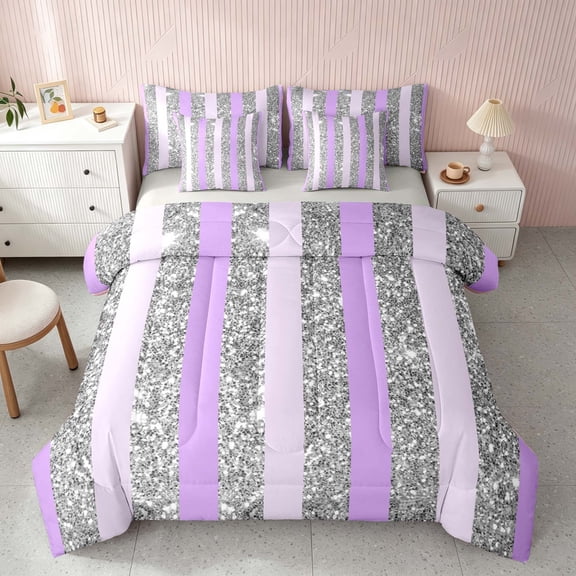 Homewish Silver Sequins Print Twin Bedding for Girls, Purple Stripe Bedding Comforter Set, Gray Reversible, 7pcs