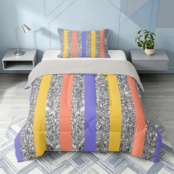 Homewish Silver Sequins Print Twin Comforter Sets for Girls, Purple Orange Stripe Bedding Set, Gray Reversible, 2-Piece 1 Comforter and 1 Pillowcase
