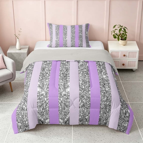 Homewish Silver Sequins Print Twin Comforter Sets for Girls, Purple Stripe Bedding Set, Gray Reversible, 2pcs 1 Comforter and 1 Pillowcase