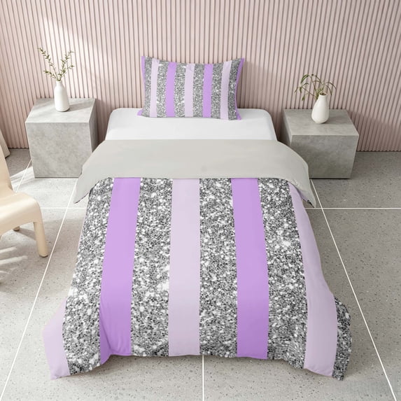 Homewish Silver Sequins Print Twin Duvet Cover for Girls, Purple Stripe Twin Bedding, Gray Reversible, 2pcs 1 Duvet Cover and 1 Pillowcase