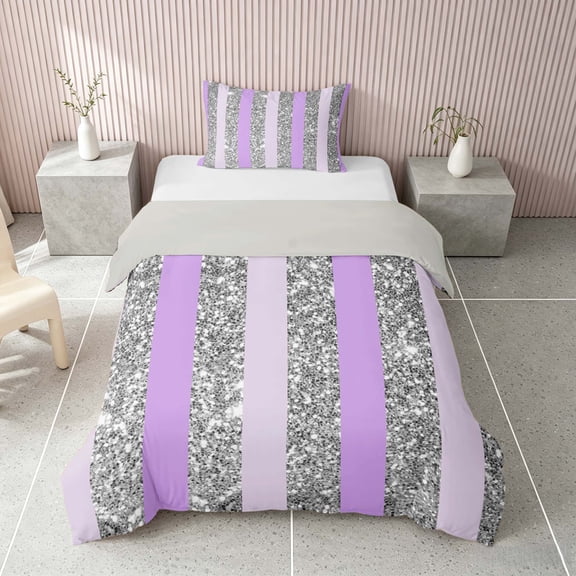 Homewish Silver Sequins Print Twin Duvet Cover for Girls, Purple Stripe Twin Bedding, Gray Reversible, 2pcs 1 Duvet Cover and 1 Pillowcase