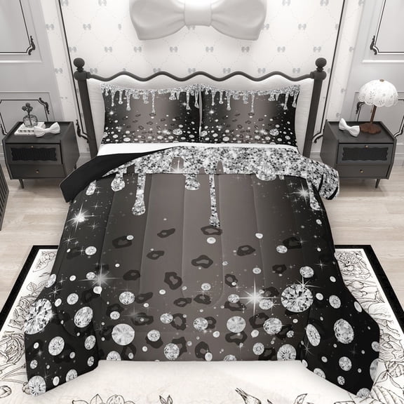 Homewish Silver Splash Glitter Bedding Comforter Set 2pcs for Kids Children Teens,Bling Crystal Twin Comforter Sets Microfiber,Leopard Print Breathable Bedding Set,Lightweight Room Decor,Reversible