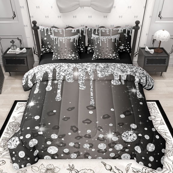 Homewish Silver Splash Glitter 7-Piece King Bedding Set - Bling Crystal Leopard