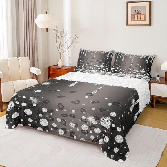 Homewish Silver Splash Glitter Twin Sheet Sets 3pcs for Kids Children Teens,Bling Crystal Twin Fitted Sheet Microfiber,Leopard Print Breathable Flat Sheet,Lightweight Room Decor