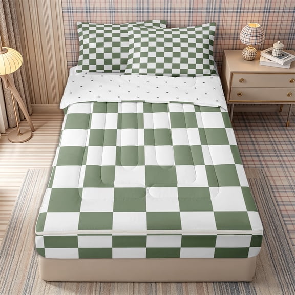 Homewish Simple Checkerboard Zipper Queen Comforter Set with Fitted Sheet and 2 Pillowcases, Modern Gingham Zipper Bedding Set, Sage Green,Reversible,4 Pieces