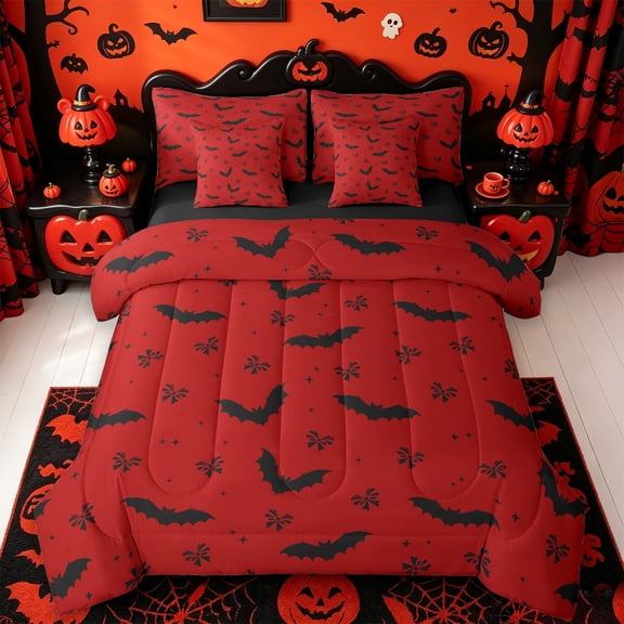 Homewish Simple Halloween Bat 7-Piece Twin Bedding,Tiny Bow Print Bedding Comforter Set,Red Black,Black Reversible
