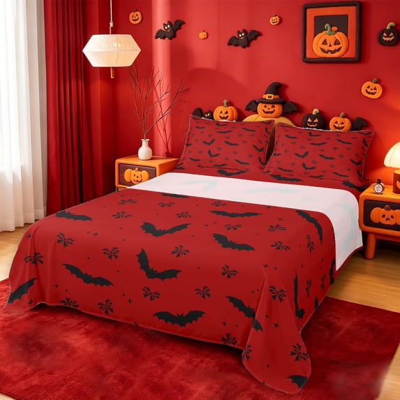 Homewish Simple Halloween Bat Bed Sheets,Tiny Bow Print Full Size Sheets,Red Black,4pcs,1 Flat Sheet,1 Fitted Sheet and 2 Pillowcases