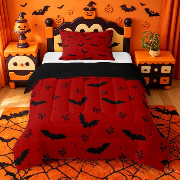 Homewish Simple Halloween Bat Twin Comforter Sets,Tiny Bow Print Bedding Set,Red Black,Black Reversible,2 Pieces,1 Comforter and 1 Pillowcase