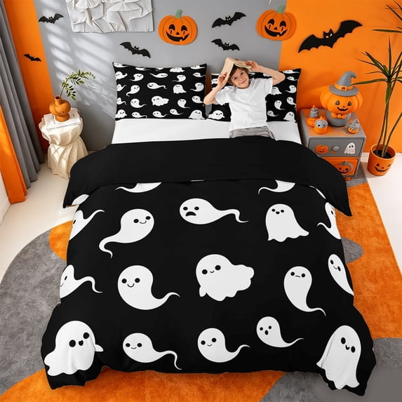 Homewish Simple Halloween Ghost Duvet Cover Queen,Silhouette Pattern Queen Bedding,Black White,Black Reversible,3-Piece,1 Duvet Cover and 2 Pillowcases