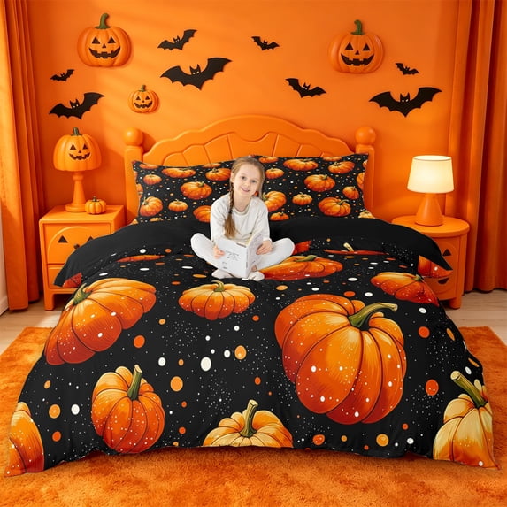Homewish Simple Halloween Pumpkin Duvet Cover Queen,Dot Speckle Pattern Queen Bedding,Black Orange,Black Reversible,3-Piece,1 Duvet Cover and 2 Pillowcases