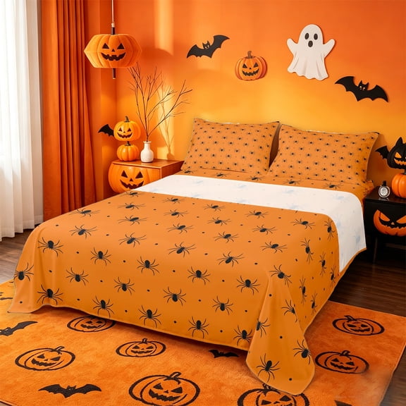 Homewish Simple Halloween Spider Bed Sheets,Tiny Bug Print Full Size Sheets,Orange Black,4 Pieces,1 Flat Sheet,1 Fitted Sheet and 2 Pillowcases
