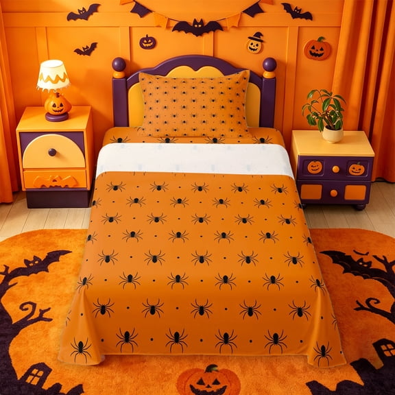 Homewish Simple Halloween Spider Twin Sheets,Tiny Bug Print Bedding,Orange Black,3-Piece,1 Fitted Sheet and 1 Pillowcase