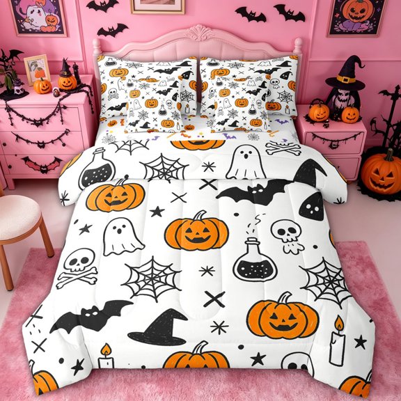 Homewish Simple Line Halloween Graffiti Twin Bedding, Spooky Skull Bat Bedding Comforter Set, Halloween Reversible, 7pcs