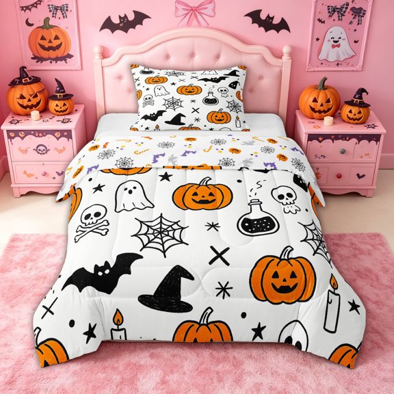 Homewish Simple Line Halloween Graffiti Twin Comforter Sets for Teens, Spooky Skull Bat Bedding Set, Halloween Reversible, 2pcs, 1 Comforter and 1 Pillowcase